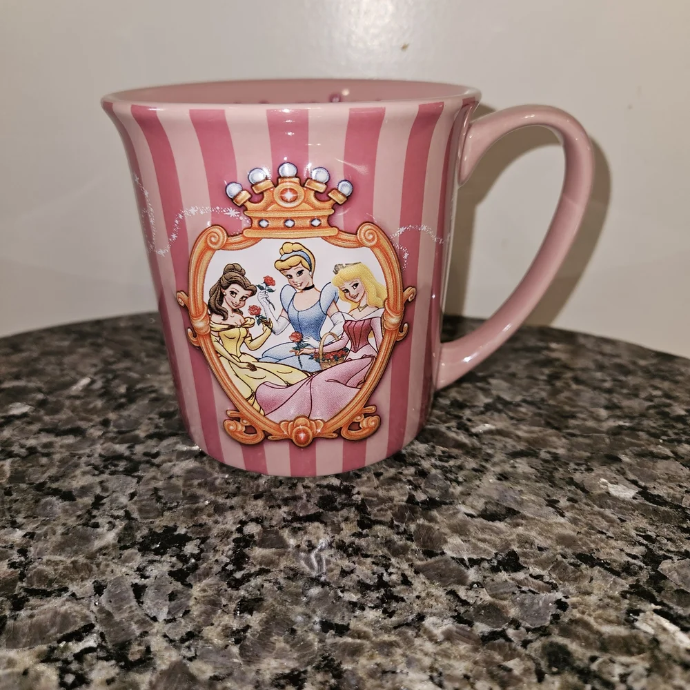 Disney Parks Pink Stripe Princess Belle Cinderella Sleeping Beauty Coffee Mug